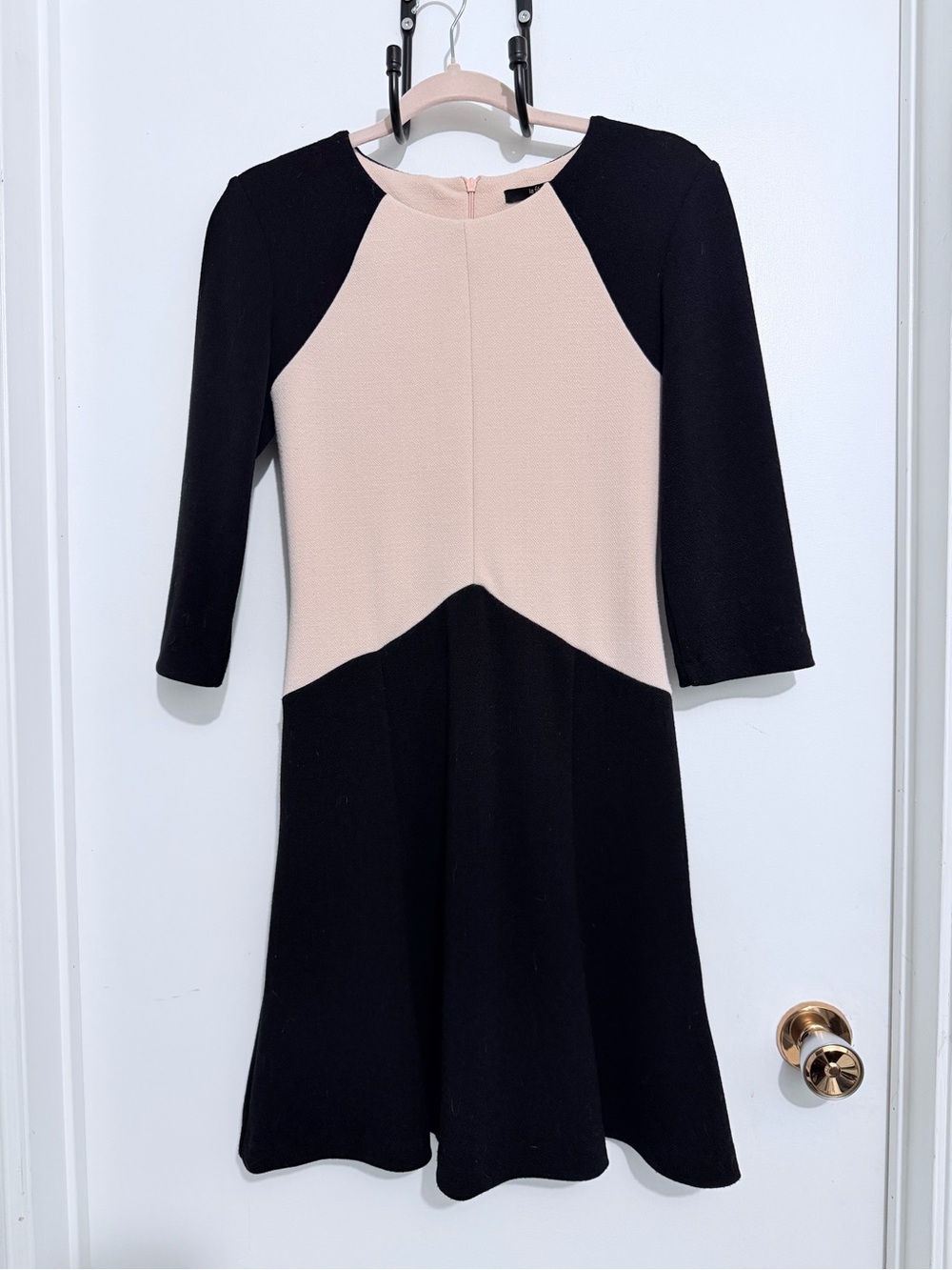 Colorblock Black and Blush 3/4 Sleeve Fit & Flare Dress